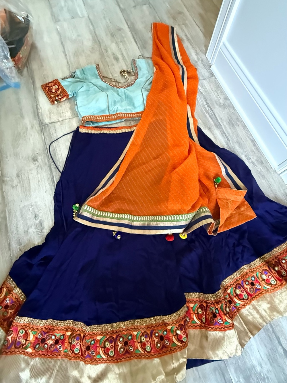 Women’s Navy Blue and Orange Ethnic Skirt Set